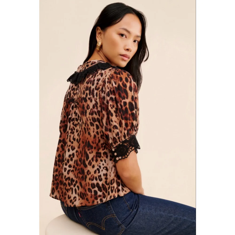 Free People My Love Printed Blouse Sz Small NWOT Brown Black Animal Print Retro - Picture 2 of 11